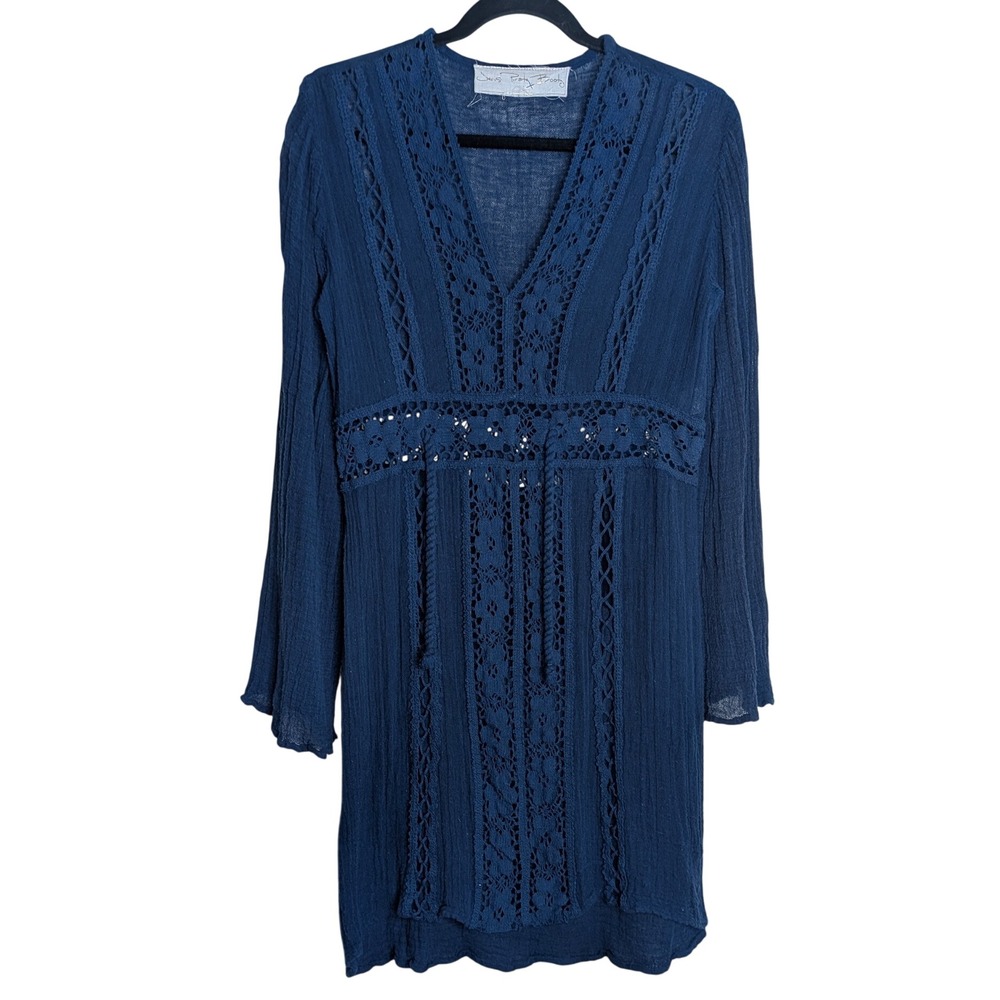 Jens Pirate Booty Navy Blue Cotton Gauze Crochet Lace Mini Dress Small